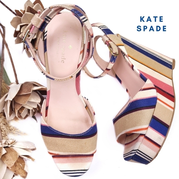 🔴 Kate Spade Multicolor Striped Wedge Sandals Sz 7 - Picture 1 of 14